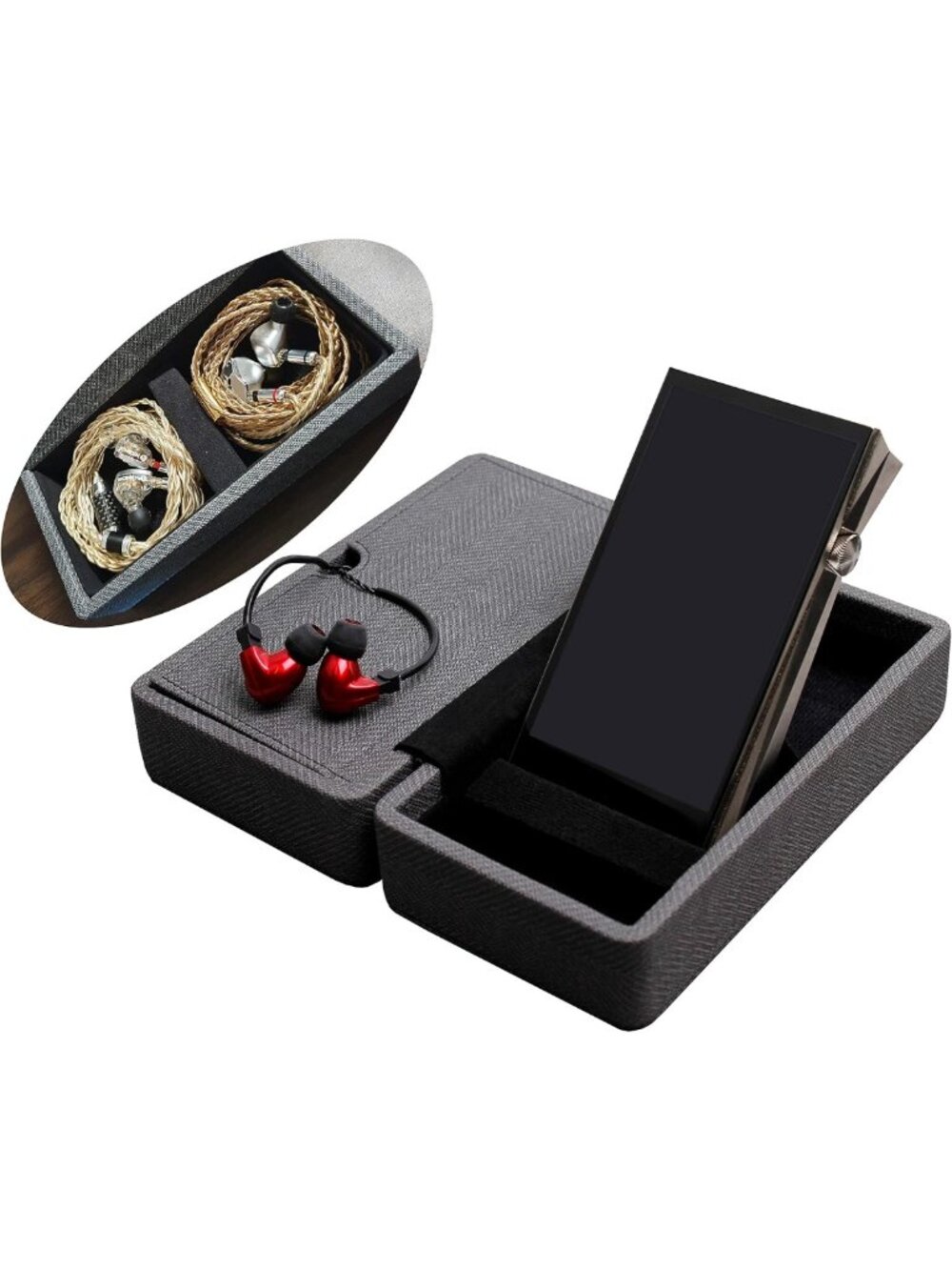 Handmade PU Leather Hard Case for 2 IEM Earphones & Digital Audio Player - Black